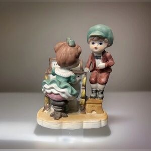 Vtg Ceramic Figurine Newspaper Boy & Girl Music Scene Piano Victorian Neutrals